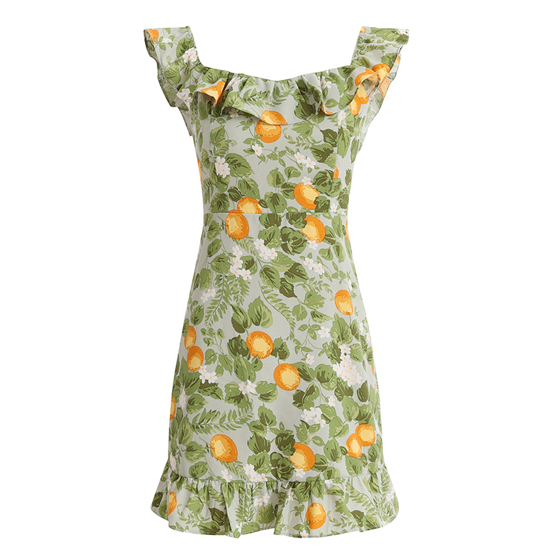 Petite Green Ruffled French-Style Vacation Dress 2025 Summer Collection for Women