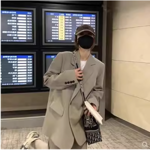Petite Loose Casual Gray Suit Jacket for Women - Korean Style Blazer for Early Autumn Fashion