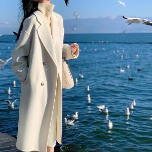 Petite Oatmeal Double-Sided Cashmere Coat for Women - Mid-Length High-End Woolen Outerwear for Autumn/Winter 2024