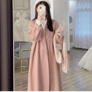 Petite Oatmeal Double-Sided Cashmere Coat for Women - Mid-Length High-End Woolen Outerwear for Autumn/Winter 2024