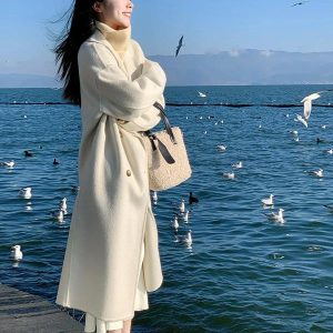 Petite Oatmeal Double-Sided Cashmere Coat for Women - Mid-Length High-End Woolen Outerwear for Autumn/Winter 2024