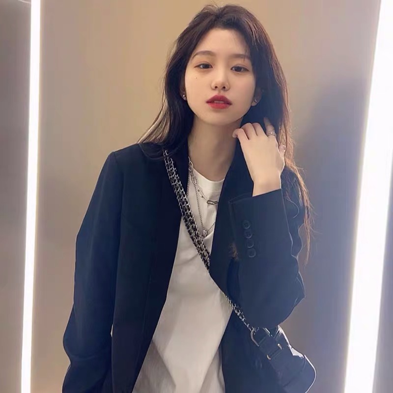 Petite Oversized Black Suit Jacket for Women - Loose Fit Blazer Top in Korean Style for Spring and Autumn 2025
