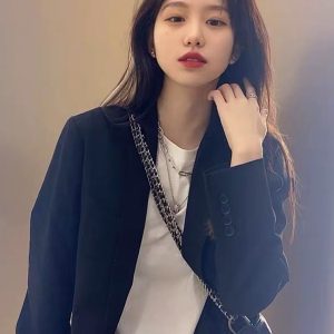 Petite Oversized Black Suit Jacket for Women - Loose Fit Blazer Top in Korean Style for Spring and Autumn 2025