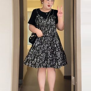 Petite Plus-Size Slimming Loose-Fitting Summer Dress, French Hepburn Style Faux Two-Piece for Curvy Women