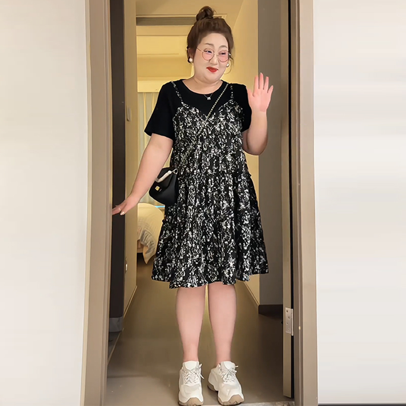 Petite Plus-Size Slimming Loose-Fitting Summer Dress, French Hepburn Style Faux Two-Piece for Curvy Women