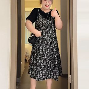 Petite Plus-Size Slimming Loose-Fitting Summer Dress, French Hepburn Style Faux Two-Piece for Curvy Women