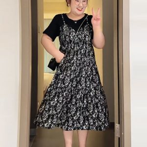 Petite Plus-Size Slimming Loose-Fitting Summer Dress, French Hepburn Style Faux Two-Piece for Curvy Women