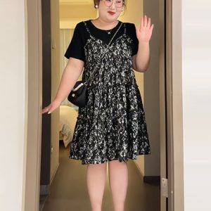 Petite Plus-Size Slimming Loose-Fitting Summer Dress, French Hepburn Style Faux Two-Piece for Curvy Women