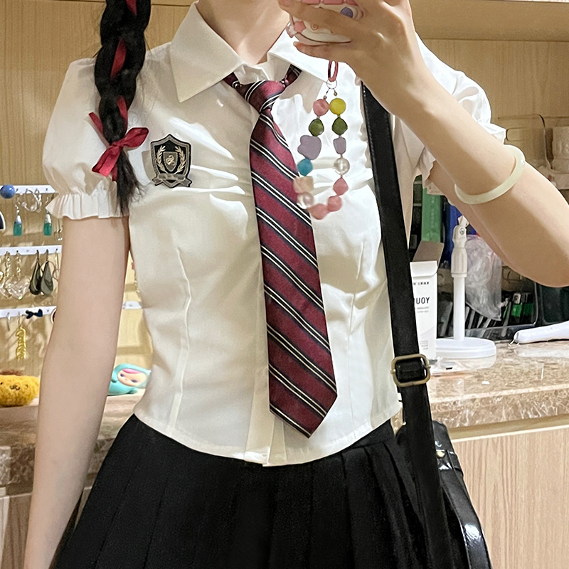 Petite Puff Sleeve JK Uniform Set with Waist-Defined Short Sleeve Shirt and Pudding Bear Design for Summer Women’s Fashion
