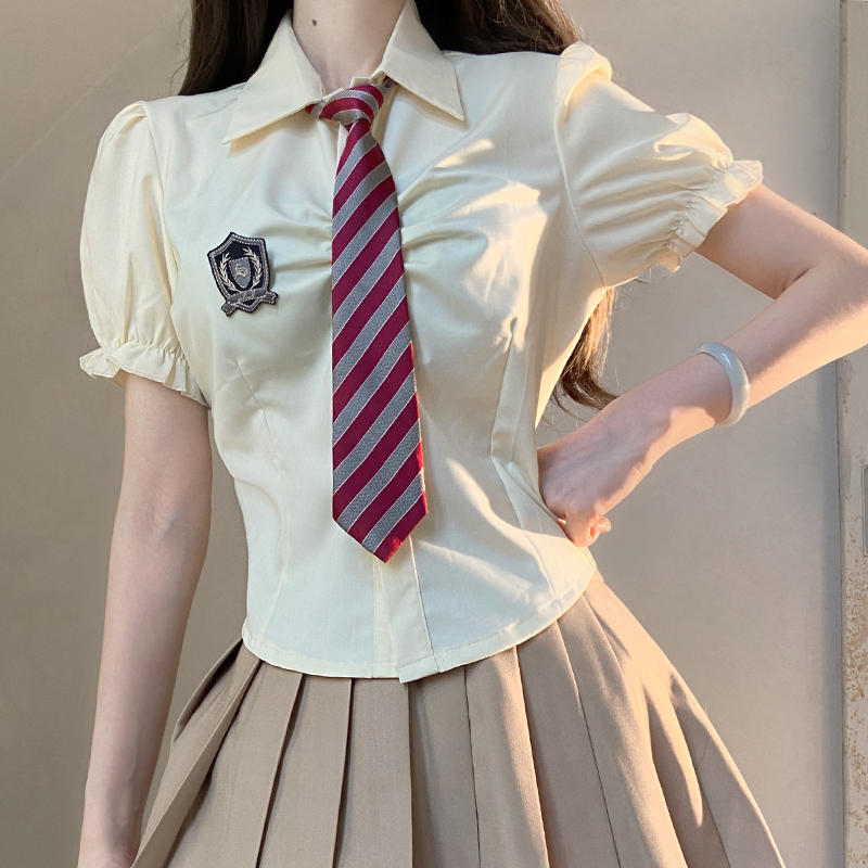 Petite Puff Sleeve JK Uniform Set with Waist-Defined Short Sleeve Shirt and Pudding Bear Design for Summer Women’s Fashion Petite Puff Sleeve JK Uniform Set with Waist-Defined Short Sleeve Shirt and Pudding Bear Design for Summer Women’s Fashion