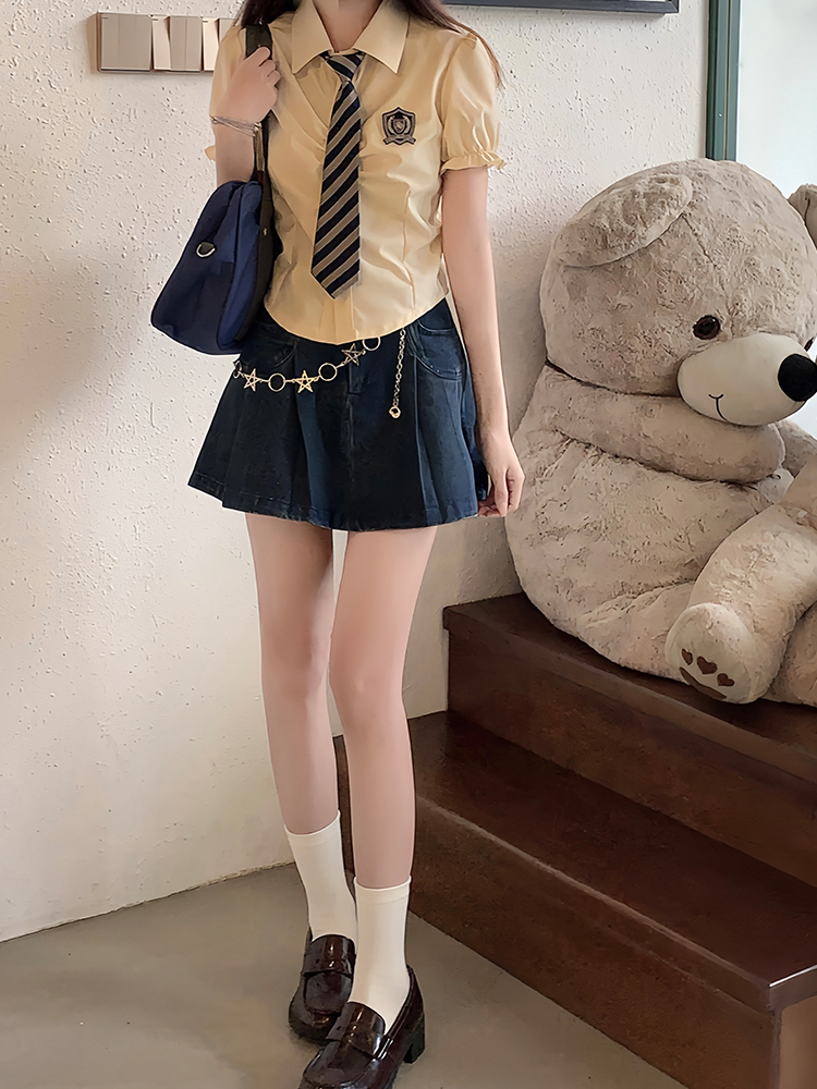 Petite Puff Sleeve JK Uniform Set with Waist-Defined Short Sleeve Shirt and Pudding Bear Design for Summer Women’s Fashion Petite Puff Sleeve JK Uniform Set with Waist-Defined Short Sleeve Shirt and Pudding Bear Design for Summer Women’s Fashion