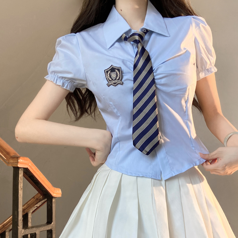 Petite Puff Sleeve JK Uniform Set with Waist-Defined Short Sleeve Shirt and Pudding Bear Design for Summer Women’s Fashion Petite Puff Sleeve JK Uniform Set with Waist-Defined Short Sleeve Shirt and Pudding Bear Design for Summer Women’s Fashion