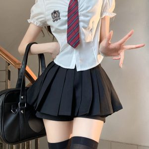 Petite Puff Sleeve JK Uniform Set with Waist-Defined Short Sleeve Shirt and Pudding Bear Design for Summer Women’s Fashion