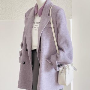 Petite Short Purple Wool Coat for Women - High-End Autumn Winter 2024 Style