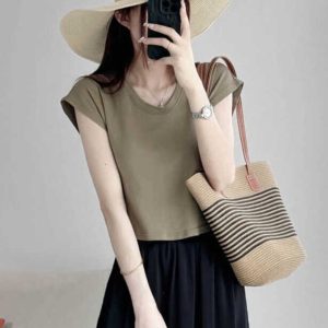 Petite U-Neck Cotton T-Shirt with Flutter Sleeves - Comfortable Summer 2025 Short Sleeve Top in Lazy Style for Casual Looks