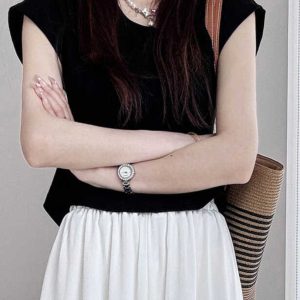 Petite U-Neck Cotton T-Shirt with Flutter Sleeves - Comfortable Summer 2025 Short Sleeve Top in Lazy Style for Casual Looks