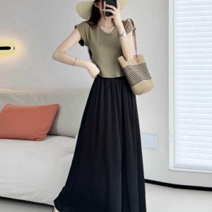 Petite U-Neck Cotton T-Shirt with Flutter Sleeves - Comfortable Summer 2025 Short Sleeve Top in Lazy Style for Casual Looks