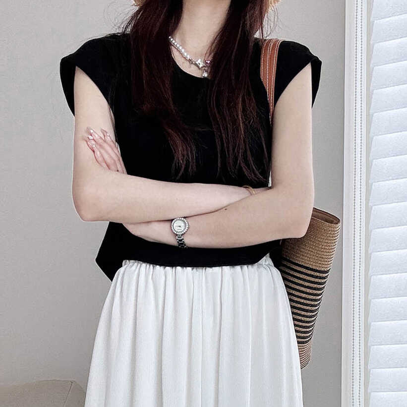 Petite U-Neck Cotton T-Shirt with Flutter Sleeves - Comfortable Summer 2025 Short Sleeve Top in Lazy Style for Casual Looks