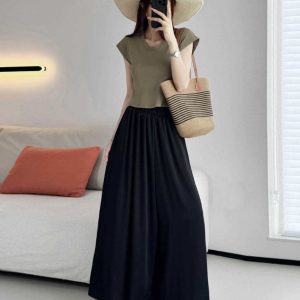 Petite U-Neck Cotton T-Shirt with Flutter Sleeves - Comfortable Summer 2025 Short Sleeve Top in Lazy Style for Casual Looks