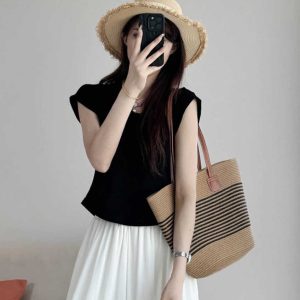 Petite U-Neck Cotton T-Shirt with Flutter Sleeves - Comfortable Summer 2025 Short Sleeve Top in Lazy Style for Casual Looks