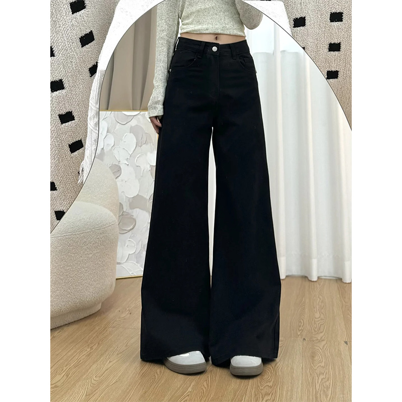 Petite Women's Black Wide-Leg Jeans, Loose Fit Flared Pants for Pear-Shaped Bodies, 2025 New Style, Trendy Casual Fashion