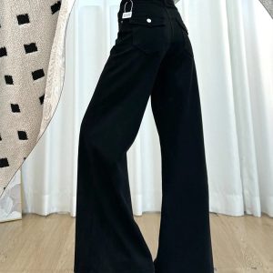 Petite Women's Black Wide-Leg Jeans, Loose Fit Flared Pants for Pear-Shaped Bodies, 2025 New Style, Trendy Casual Fashion