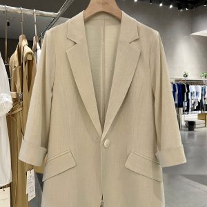 Petite Women's Spring Summer Beige Thin Three-Quarter Sleeve Suit Jacket - Short Fit, Trendy Fashion Outerwear