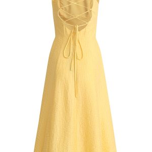 Petite Yellow Spaghetti Strap Dress for Women - French Style Beach Vacation Dress Inspired by Zhao Lusi
