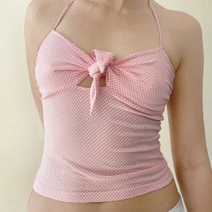 Pink Beauty Hollow Out Twisted Polka Dot Cami Halter Top - Women's Slim Fit French Design, Chic Y2K Style, White-Enhancing Fashion