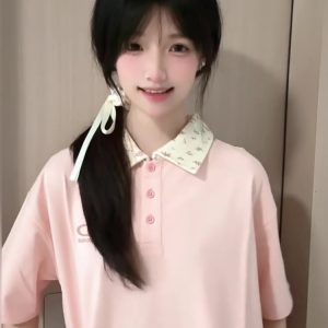 Pink Floral Patchwork Polo Collar Short-Sleeve T-Shirt for Women - Summer 90s Style Top for Juniors and Teens