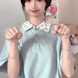 Pink Floral Patchwork Polo Collar Short-Sleeve T-Shirt for Women - Summer 90s Style Top for Juniors and Teens