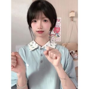 Pink Floral Patchwork Polo Collar Short-Sleeve T-Shirt for Women - Summer 90s Style Top for Juniors and Teens