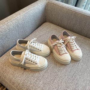 Pink Genuine Leather Lace-Up Sneakers for Women - 2025 Height-Increasing Thick Sole Casual White Shoes, Versatile Comfort Style