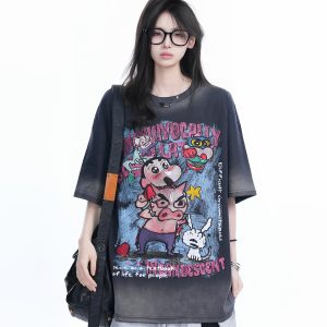 Pink Gradient Cartoon Print Loose-Fit Short-Sleeve T-Shirt for Women - American Style Heavy-Duty Casual Top