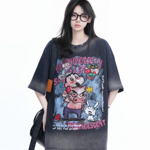 Pink Gradient Cartoon Print Loose-Fit Short-Sleeve T-Shirt for Women - American Style Heavy-Duty Casual Top