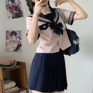 Pink JK Uniform Sailor Suit for Women - Camellia Floral Waist-Defined College Style Summer Short Sleeve Set