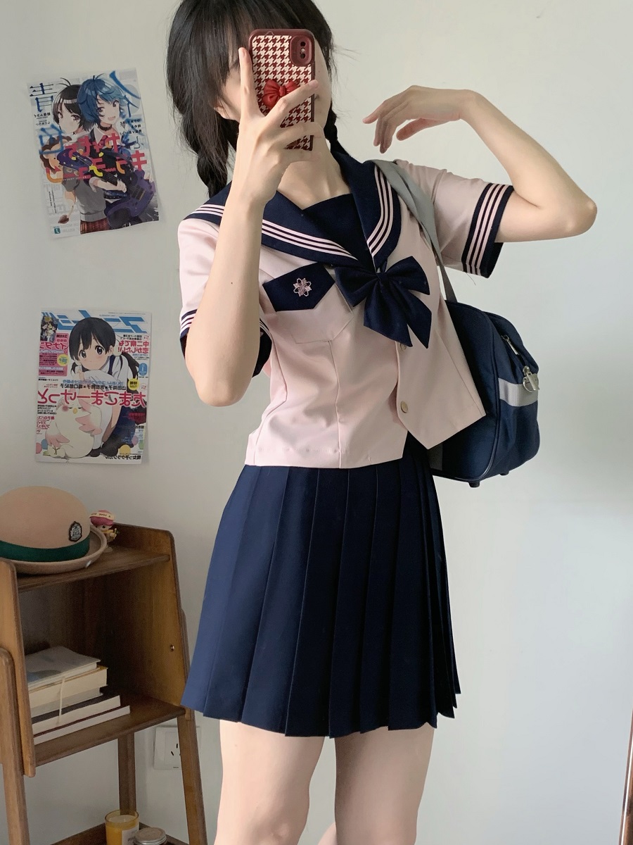 Pink JK Uniform Sailor Suit for Women - Camellia Floral Waist-Defined College Style Summer Short Sleeve Set Pink JK Uniform Sailor Suit for Women - Camellia Floral Waist-Defined College Style Summer Short Sleeve Set