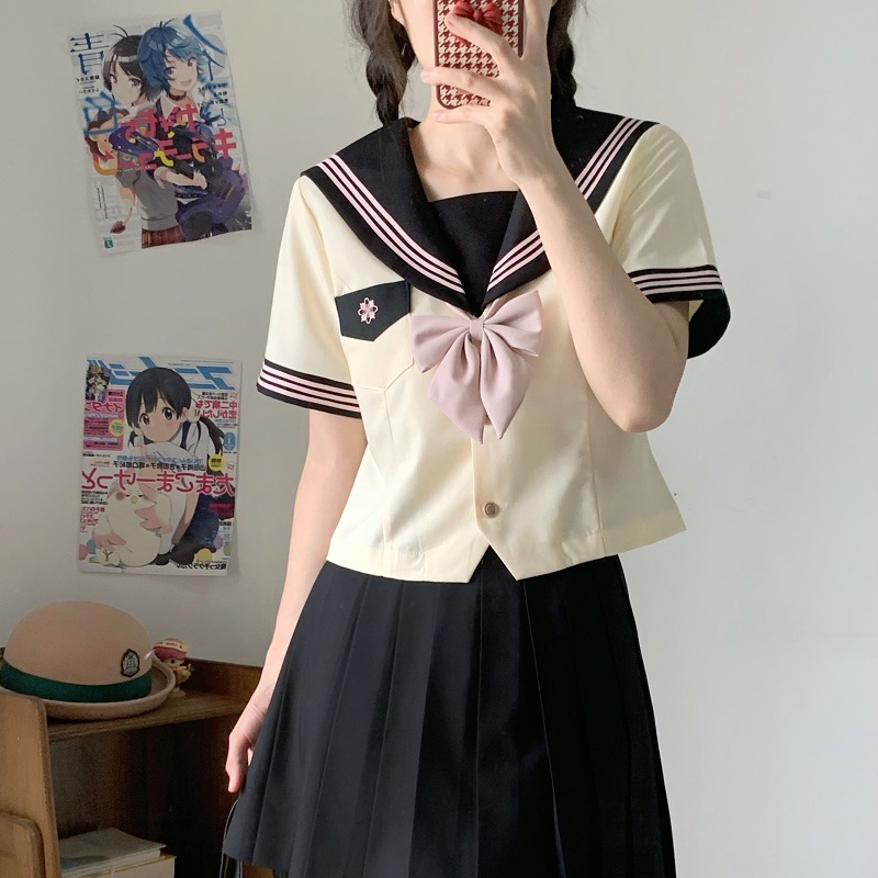 Pink JK Uniform Sailor Suit for Women - Camellia Floral Waist-Defined College Style Summer Short Sleeve Set Pink JK Uniform Sailor Suit for Women - Camellia Floral Waist-Defined College Style Summer Short Sleeve Set