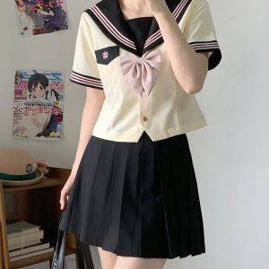 Pink JK Uniform Sailor Suit for Women - Camellia Floral Waist-Defined College Style Summer Short Sleeve Set