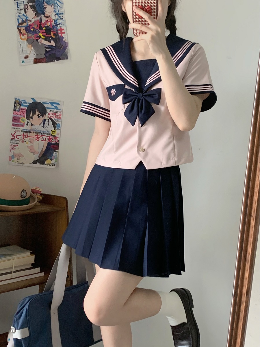 Pink JK Uniform Sailor Suit for Women - Camellia Floral Waist-Defined College Style Summer Short Sleeve Set Pink JK Uniform Sailor Suit for Women - Camellia Floral Waist-Defined College Style Summer Short Sleeve Set