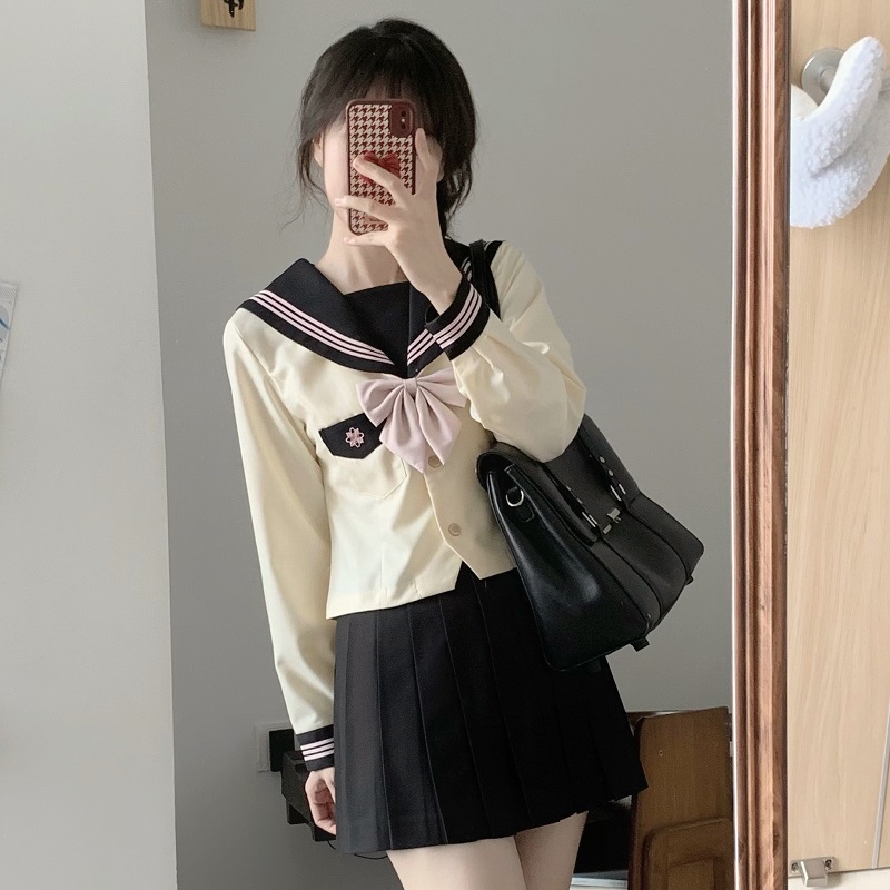 Pink JK Uniform Sailor Suit for Women - Camellia Floral Waist-Defined College Style Summer Short Sleeve Set Pink JK Uniform Sailor Suit for Women - Camellia Floral Waist-Defined College Style Summer Short Sleeve Set