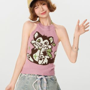 Pink Knitted Backless Halter Top for Women - American Retro Summer Style, Slim-Fit, Girly Y2K Fashion Top