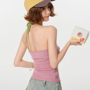 Pink Knitted Backless Halter Top for Women - American Retro Summer Style, Slim-Fit, Girly Y2K Fashion Top