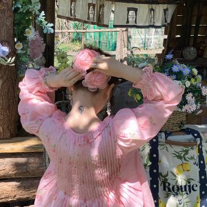 Pink Lily of the Valley Floral Doll Collar Long Sleeve Shirt for Women, Loose Thin Top for Spring and Autumn, Vintage Style