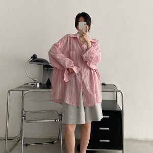 Pink Long Sleeve Sunscreen Shirt for Women - Sun Grapefruit Casual Top, Thin Korean Style for Summer 2025