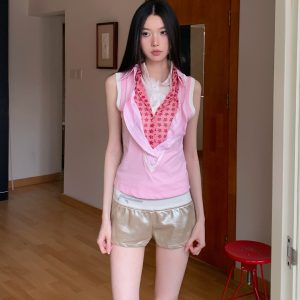 Pink Multi-Collar V-Neck Shirt Vest - Soft Comfortable Short-Sleeve Top for Versatile OL Style