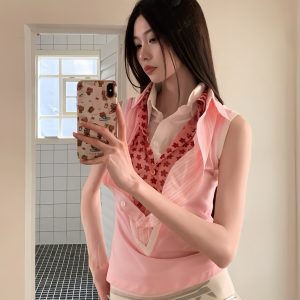 Pink Multi-Collar V-Neck Shirt Vest - Soft Comfortable Short-Sleeve Top for Versatile OL Style