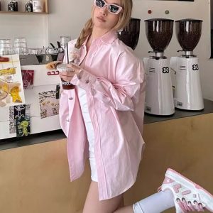 Pink Oversized Long-Sleeve Shirt Jacket for Women - Vintage Casual Sun-Protective Top for Spring, Korean Style
