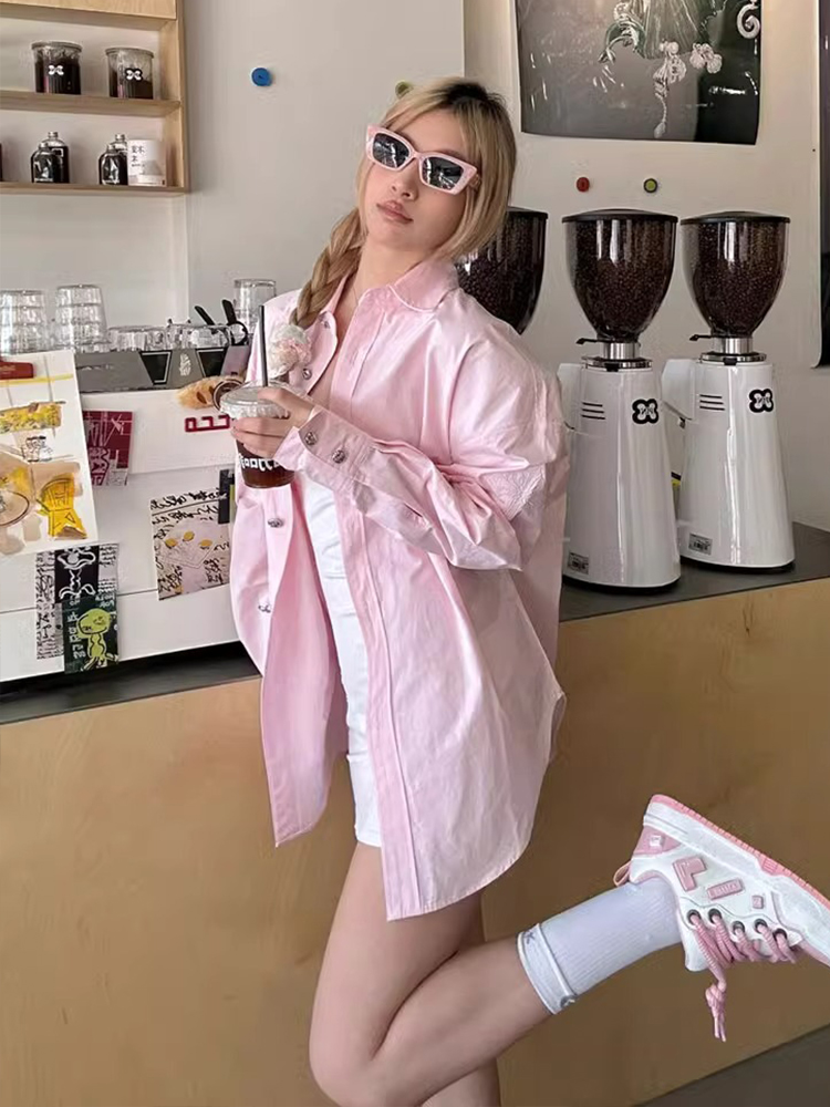 Pink Oversized Long-Sleeve Shirt Jacket for Women - Vintage Casual Sun-Protective Top for Spring, Korean Style Pink Oversized Long-Sleeve Shirt Jacket for Women - Vintage Casual Sun-Protective Top for Spring, Korean Style