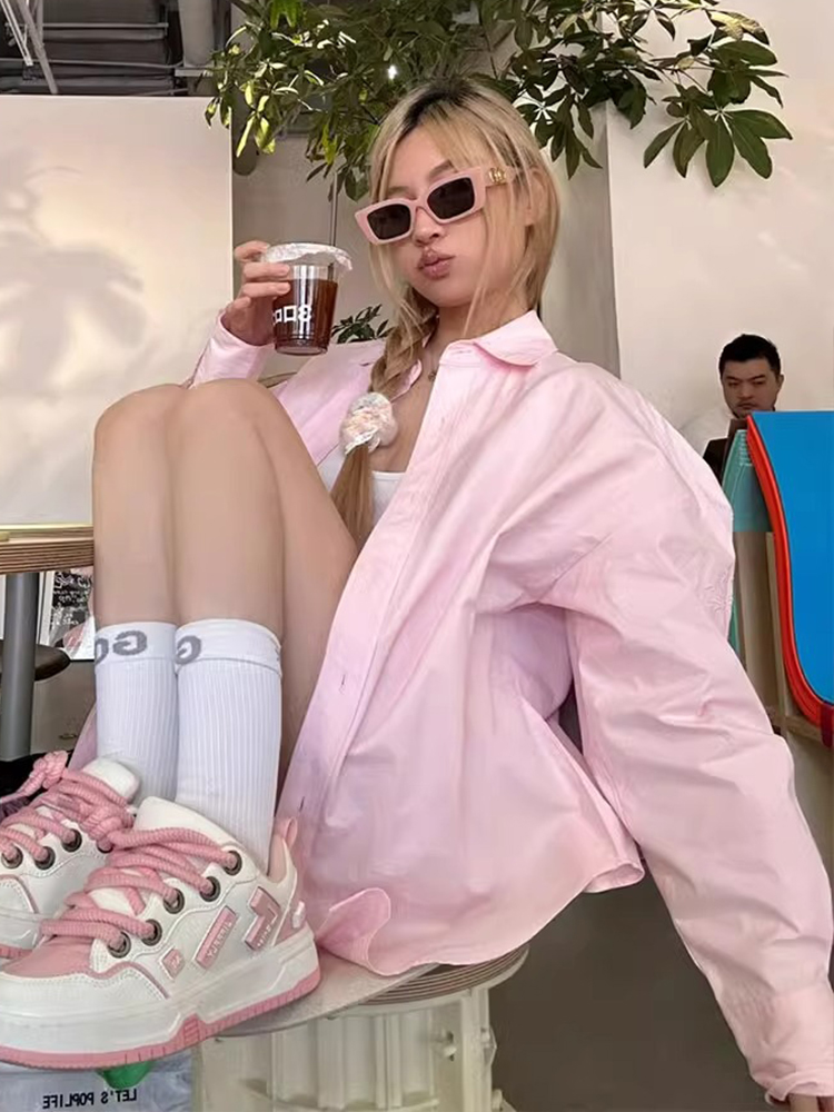Pink Oversized Long-Sleeve Shirt Jacket for Women - Vintage Casual Sun-Protective Top for Spring, Korean Style Pink Oversized Long-Sleeve Shirt Jacket for Women - Vintage Casual Sun-Protective Top for Spring, Korean Style